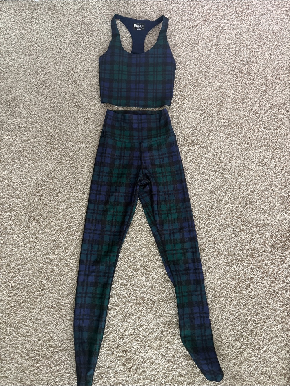 Beach Riot Green and Blue Plaid High-Waist Leggings with Racerback Crop